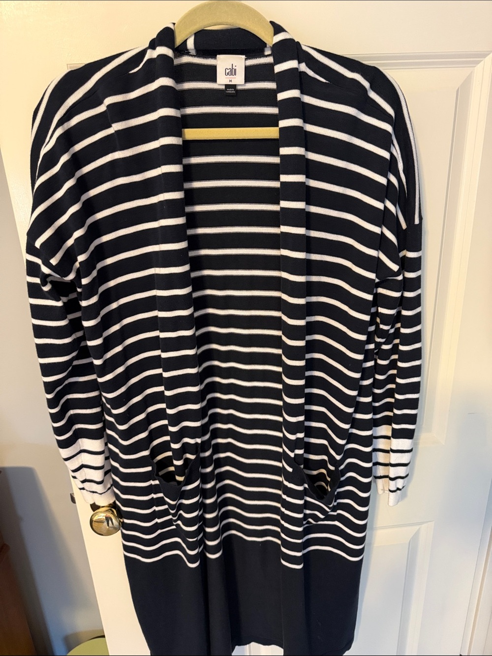 CAbi Navy and White Striped Open-Front Cardigan